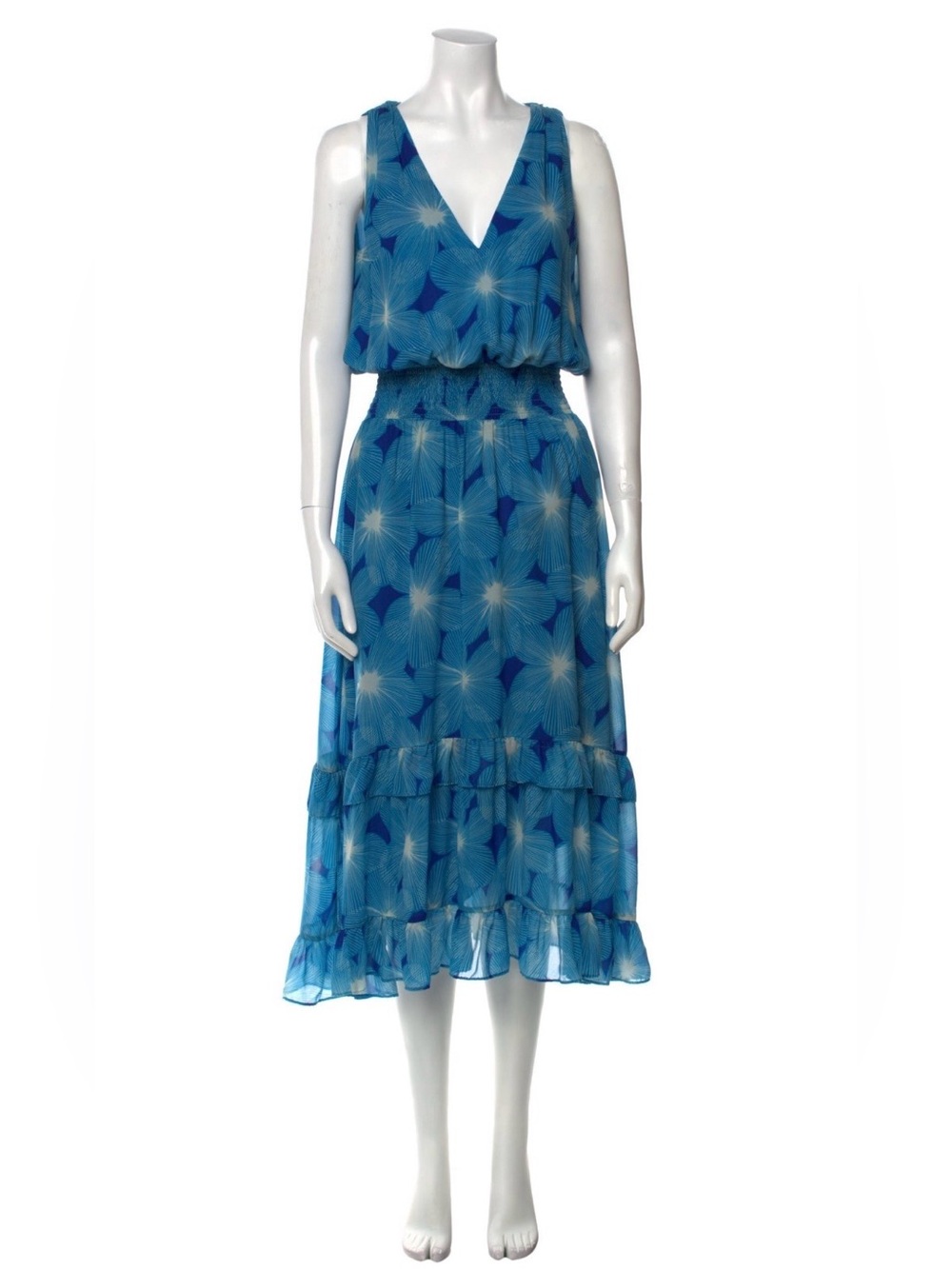 Ramy Brook Blue Floral V-Neck Danica Midi Dress